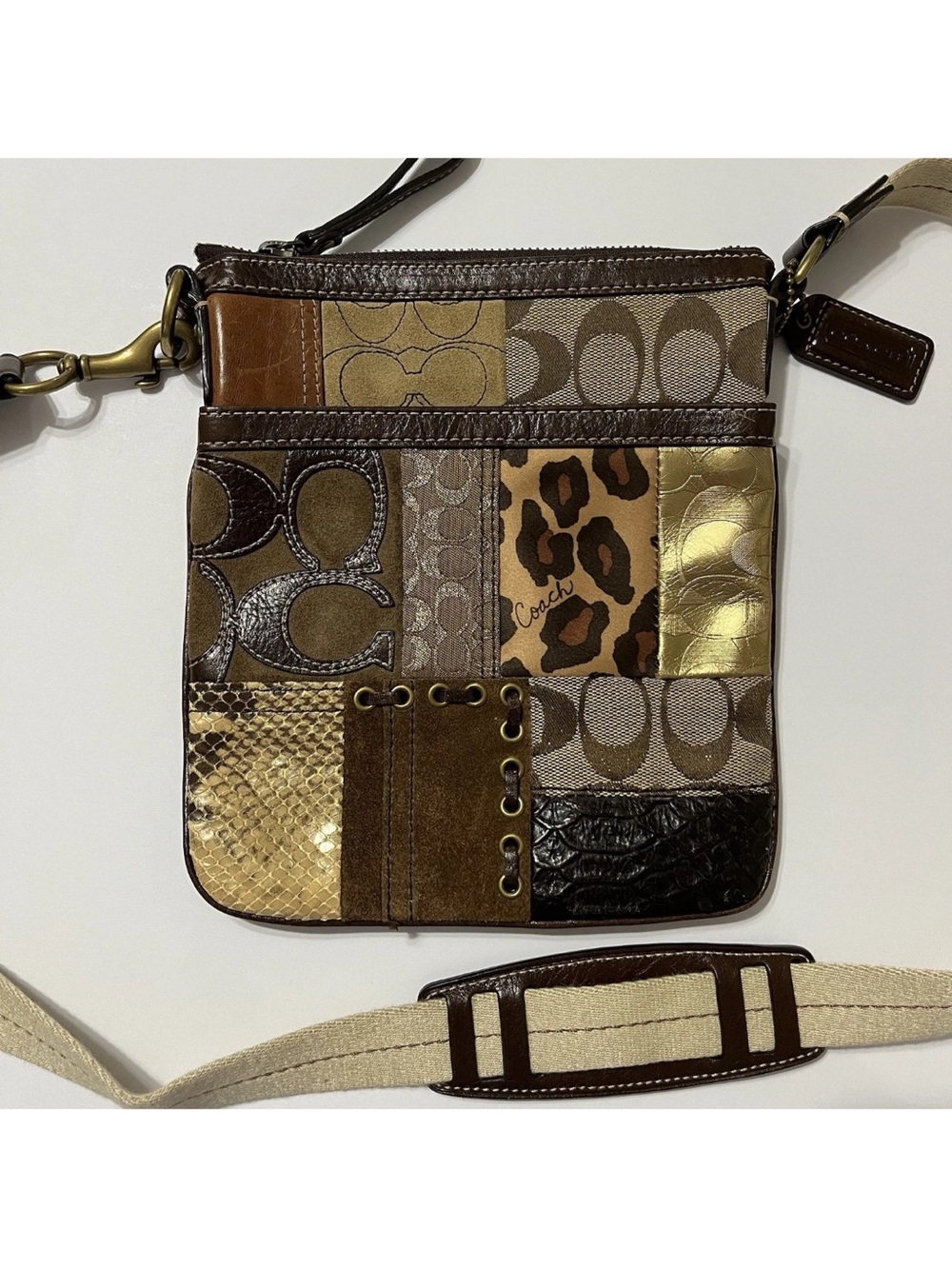 Coach Patchwork Crossbody Bag Purse Brown Gold Signature Canvas Leather Handbag